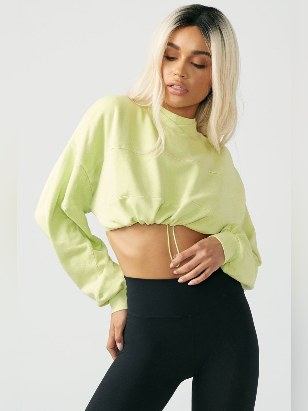 Joah Brown Drawcord Crop Crew Cropped Cotton Sweatshirt Lime Green USA One Size